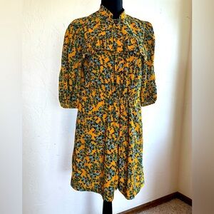 Topshop Yellow & Blue Floral Ruffle Front Cinch Waist Puff Sleeve Dress Sz 6